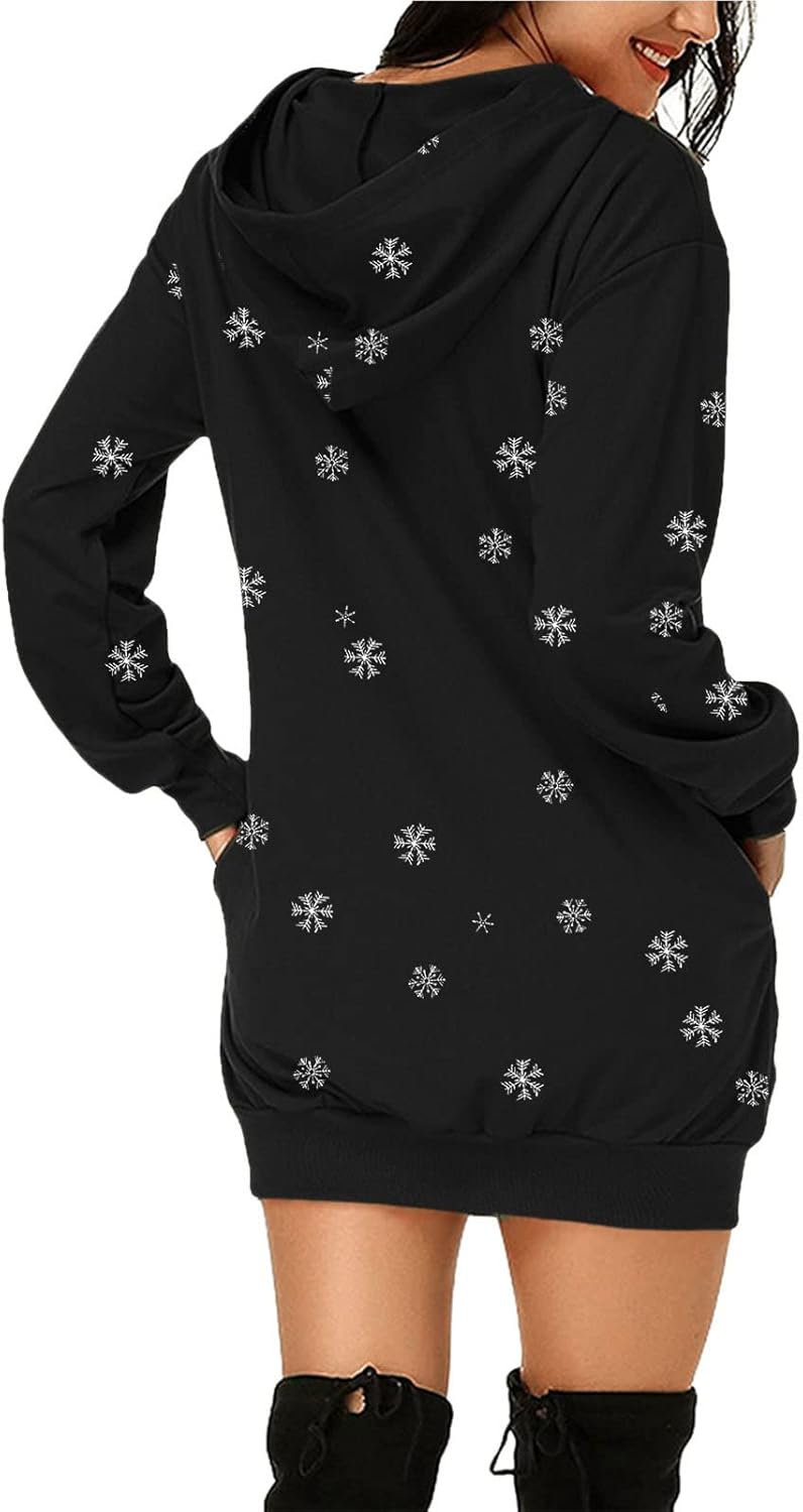 woobles Hoodie Dress, Womens Hoodie Dress Christmas Pattern Print Polyester Casual for Shopping - Image 1